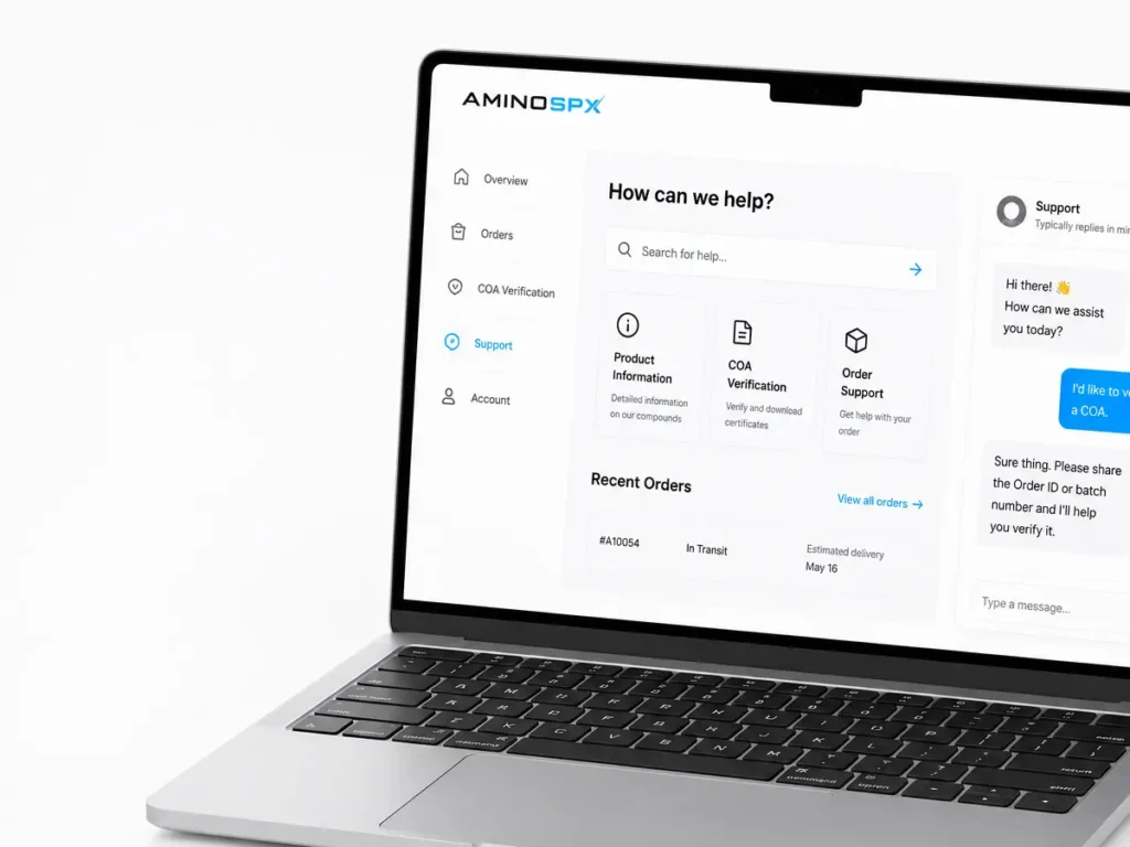 AminoSPX customer support and COA verification interface displayed on laptop