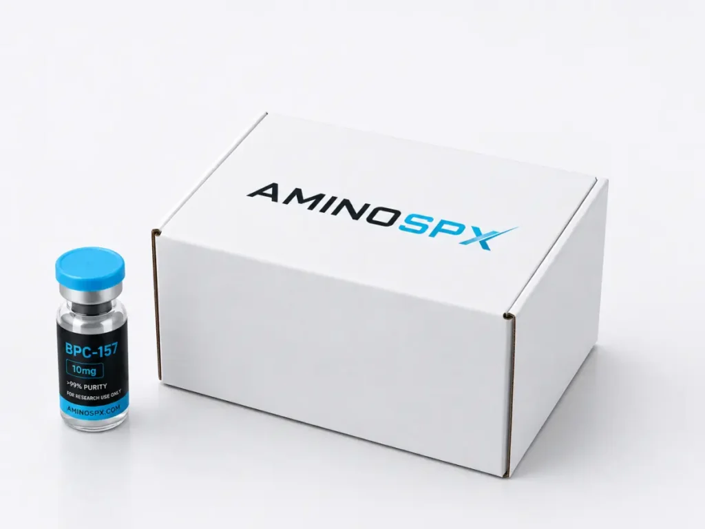 AminoSPX branded shipping box with research product vial